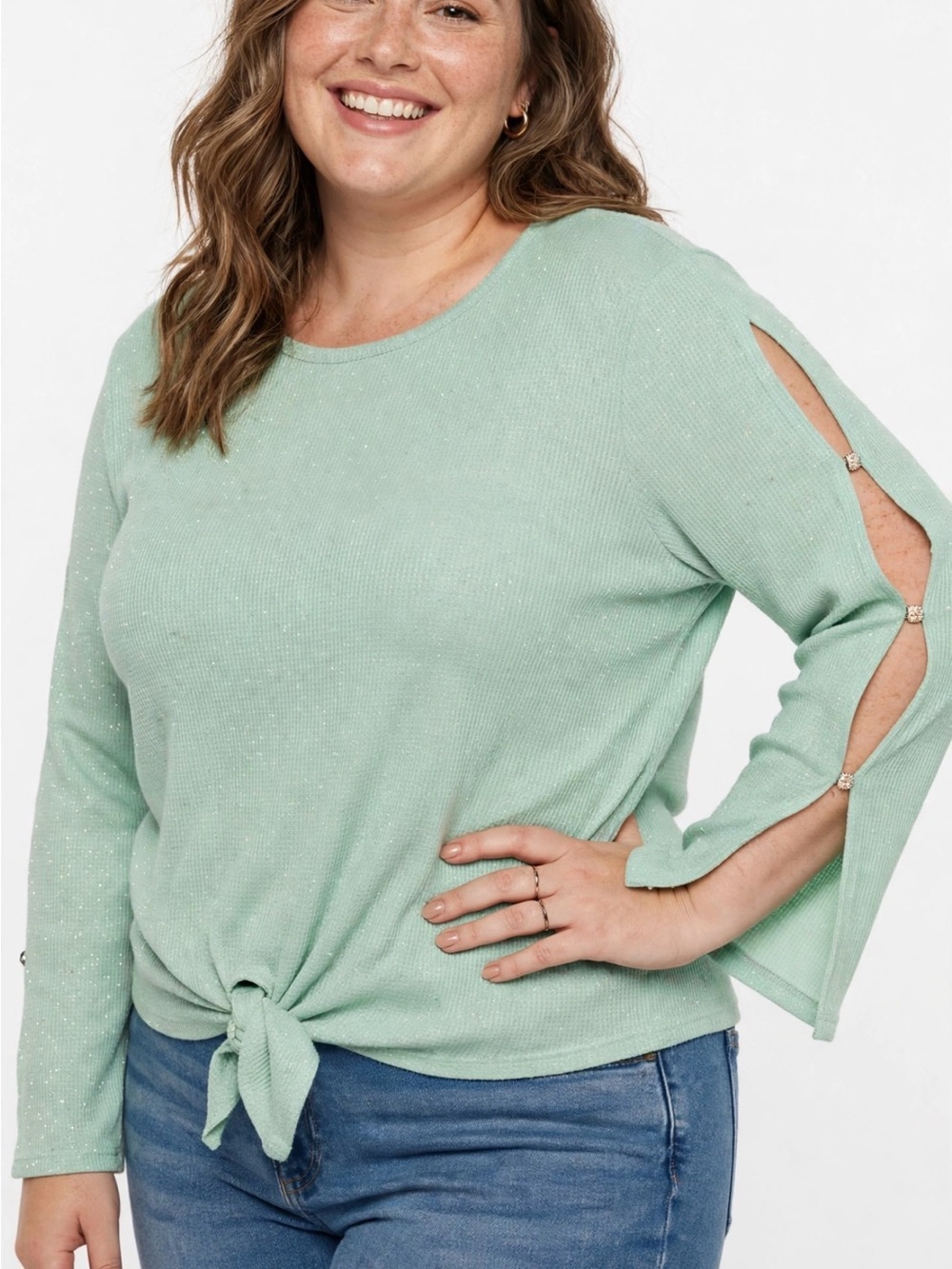 Mint Tie-Front Long Sleeve Top with Cutout Sleeves